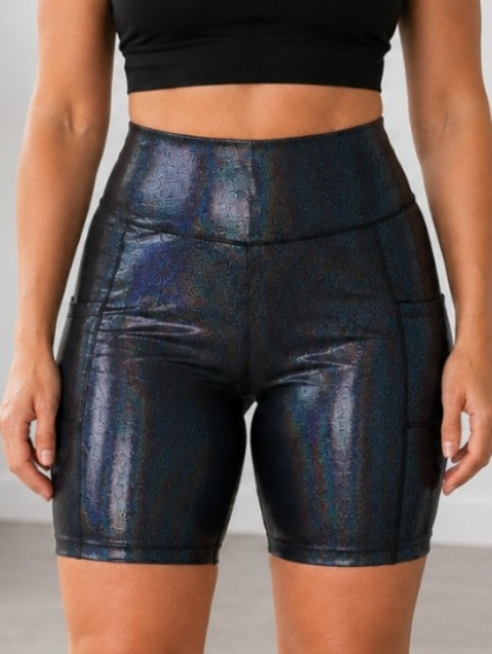 CVG Navy Holographic Shimmer High Rise Biker Shorts Pockets XL NWOT